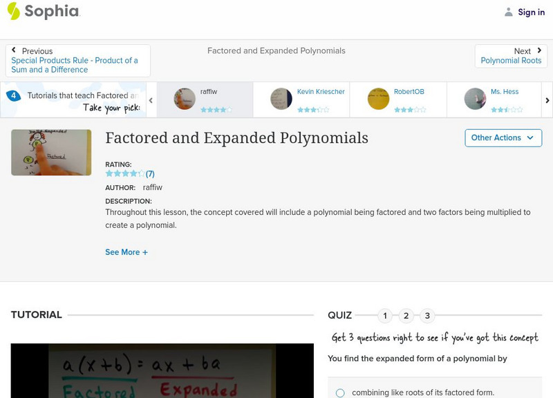 Sophia: Factored and Expanded Polynomials: Lesson 6 Instructional Video