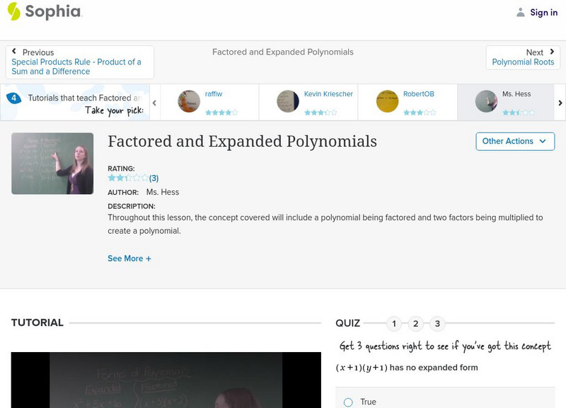 Sophia: Factored and Expanded Polynomials: Lesson 1 Instructional Video