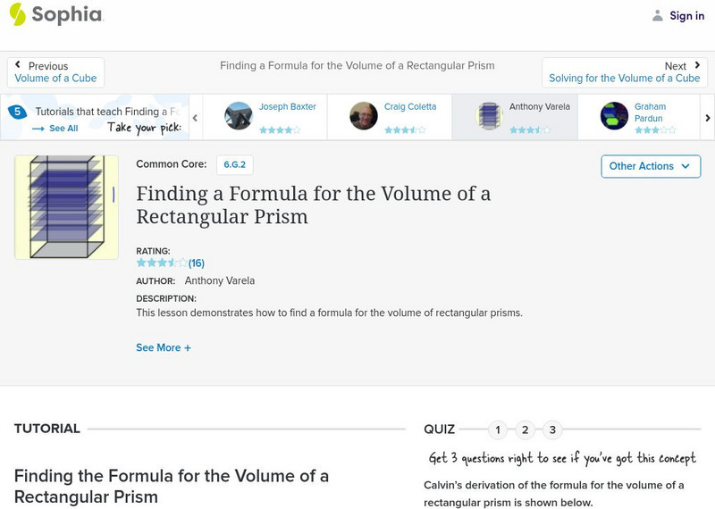 Sophia: Finding a Formula for the Volume of a Rectangular Prism: Lesson 2 Unit Plan Sophia: Finding a Formula for the Volume of a Rectangular Prism: Lesson 2 Unit Plan