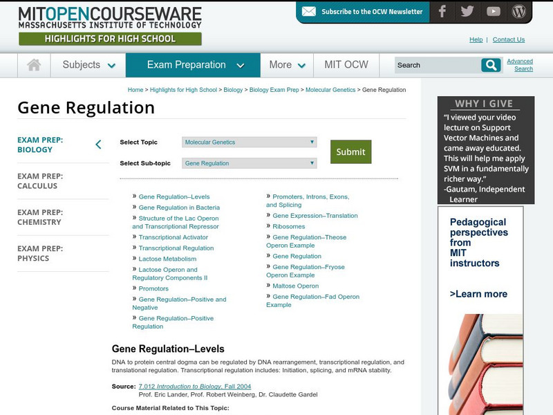 Mit: Open Course Ware: Gene Regulation Unit Plan Mit: Open Course Ware: Gene Regulation Unit Plan