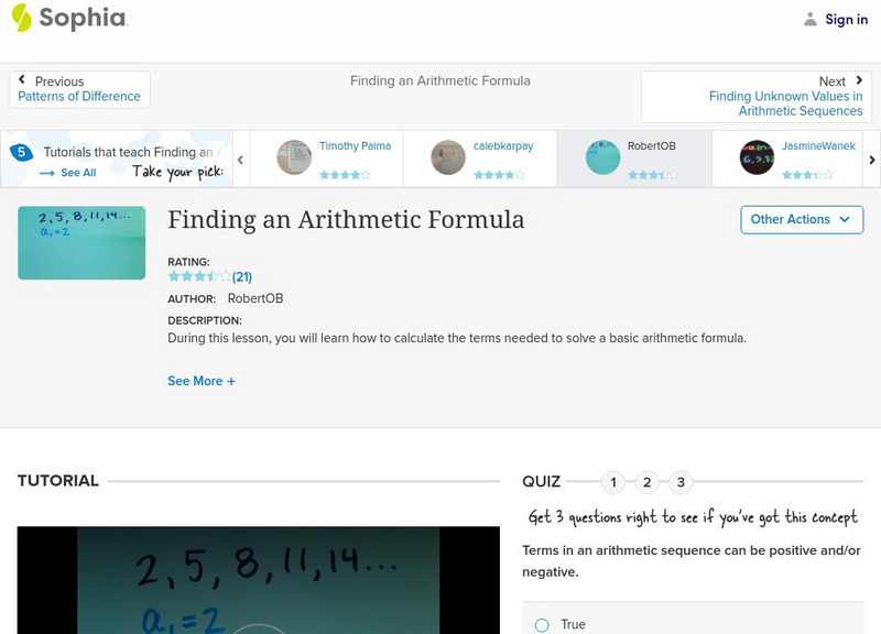 Sophia: Finding an Arithmetic Formula: Lesson 4 Instructional Video Sophia: Finding an Arithmetic Formula: Lesson 4 Instructional Video