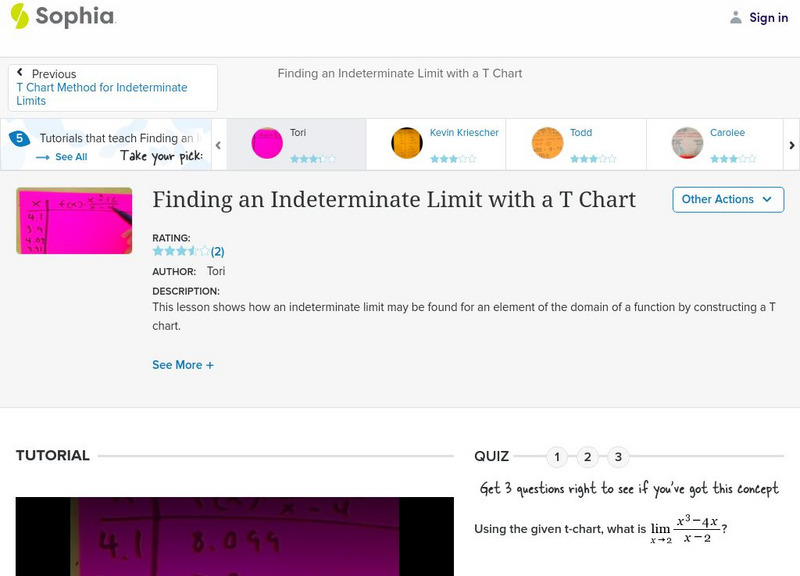 Sophia: Finding an Indeterminate Limit With a T Chart: Lesson 3 Instructional Video