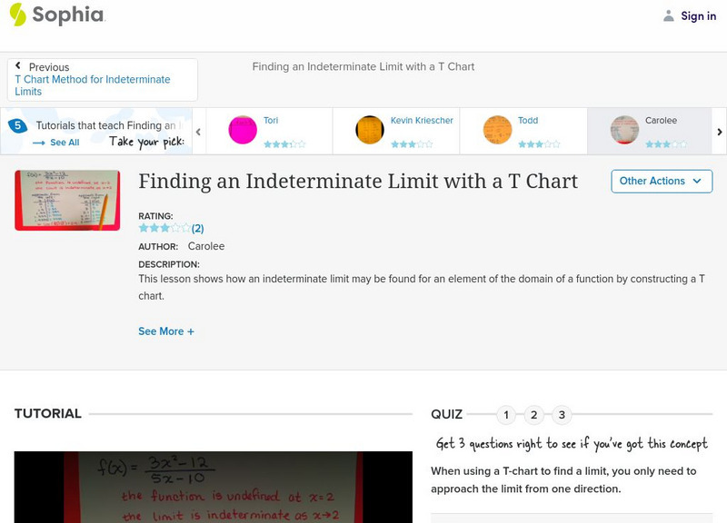 Sophia: Finding an Indeterminate Limit With a T Chart: Lesson 7 Instructional Video
