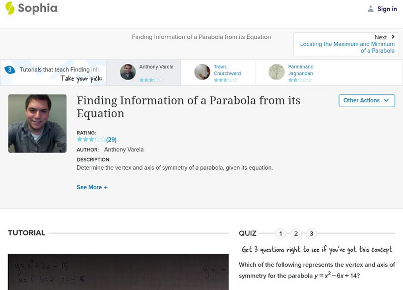 Sophia: Finding Information of a Parabola From Its Equation: Lesson 1 Instructional Video