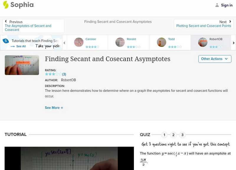 Sophia: Finding Secant and Cosecant Asymptotes: Lesson 5 Instructional Video Sophia: Finding Secant and Cosecant Asymptotes: Lesson 5 Instructional Video