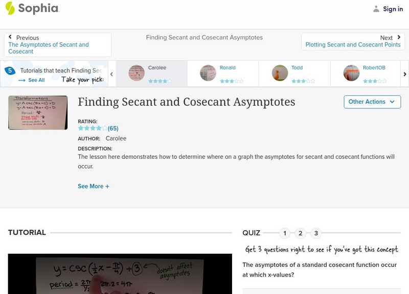 Sophia: Finding Secant and Cosecant Asymptotes: Lesson 7 Instructional Video Sophia: Finding Secant and Cosecant Asymptotes: Lesson 7 Instructional Video