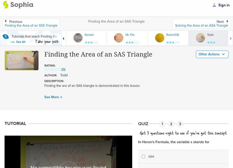 Sophia: Finding the Area of an Sas Triangle: Lesson 6 Instructional Video