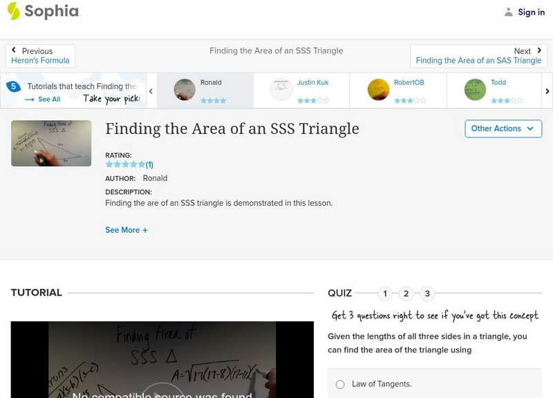 Sophia: Finding the Area of an Sss Triangle: Lesson 3 Instructional Video Sophia: Finding the Area of an Sss Triangle: Lesson 3 Instructional Video
