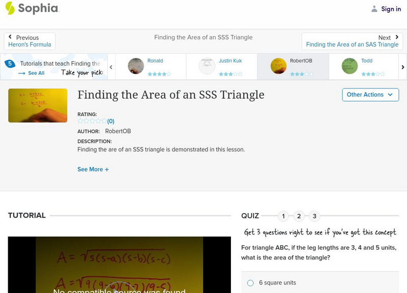 Sophia: Finding the Area of an Sss Triangle: Lesson 5 Instructional Video Sophia: Finding the Area of an Sss Triangle: Lesson 5 Instructional Video