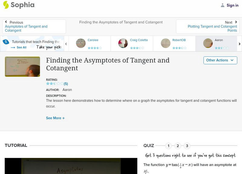 Sophia: Finding the Asymptotes of Tangent and Cotangent: Lesson 6 Instructional Video
