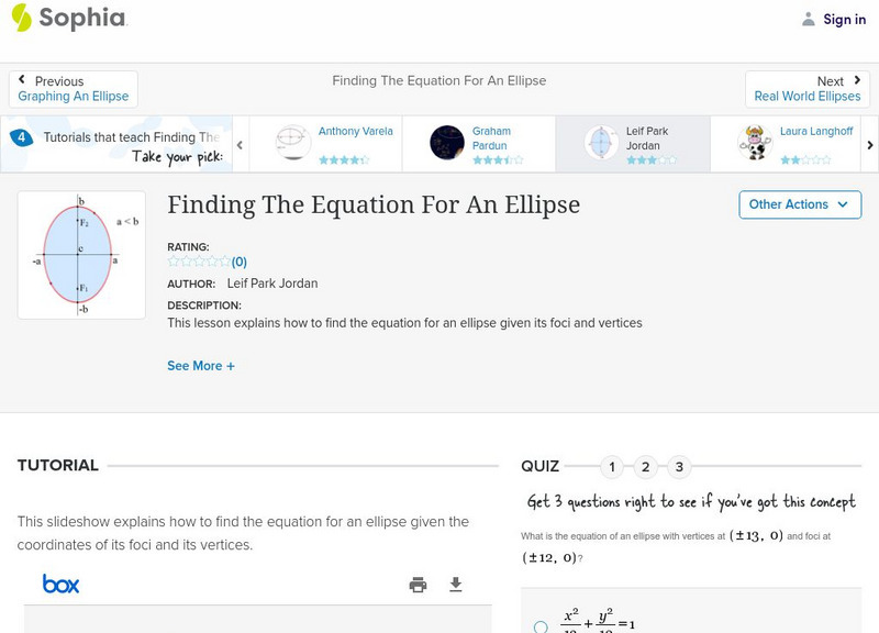 Sophia: Finding the Equation for an Ellipse: Lesson 2 PPT Sophia: Finding the Equation for an Ellipse: Lesson 2 PPT