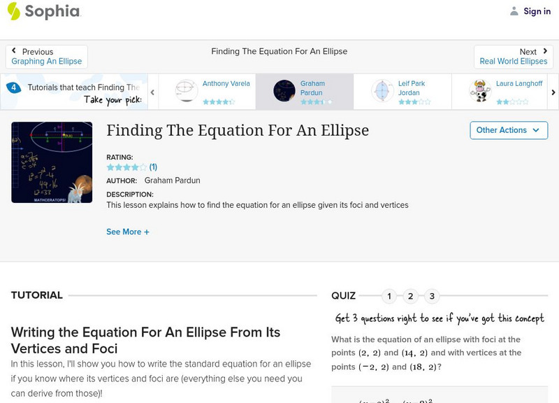 Sophia: Finding the Equation for an Ellipse: Lesson 3 Instructional Video Sophia: Finding the Equation for an Ellipse: Lesson 3 Instructional Video