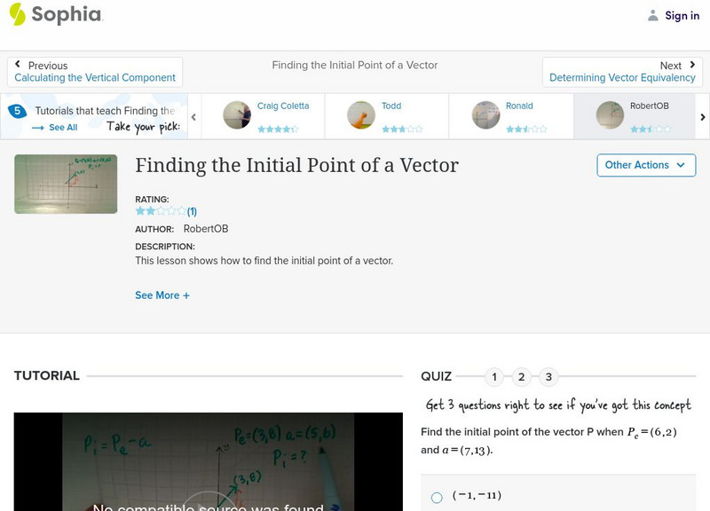 Sophia: Finding the Initial Point of a Vector: Lesson 7 Instructional Video Sophia: Finding the Initial Point of a Vector: Lesson 7 Instructional Video