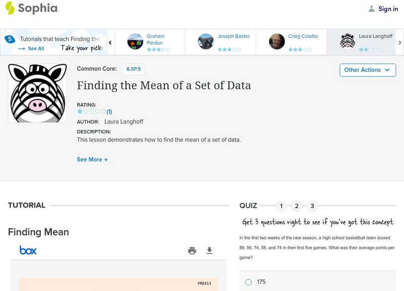 Sophia: Finding the Mean of a Set of Data: Lesson 6 PPT Sophia: Finding the Mean of a Set of Data: Lesson 6 PPT