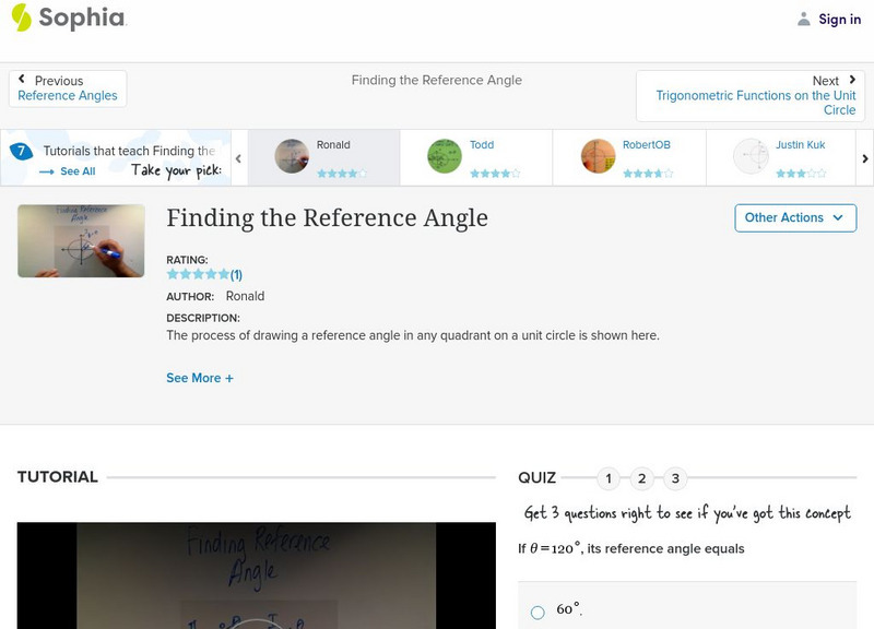 Sophia: Finding the Reference Angle: Lesson 4 Instructional Video Sophia: Finding the Reference Angle: Lesson 4 Instructional Video
