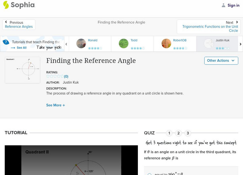 Sophia: Finding the Reference Angle: Lesson 1 Instructional Video Sophia: Finding the Reference Angle: Lesson 1 Instructional Video
