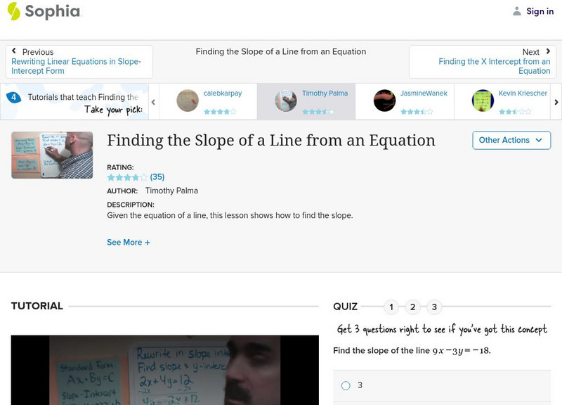 Sophia: Finding the Slope of a Line From an Equation: Lesson 4 Instructional Video