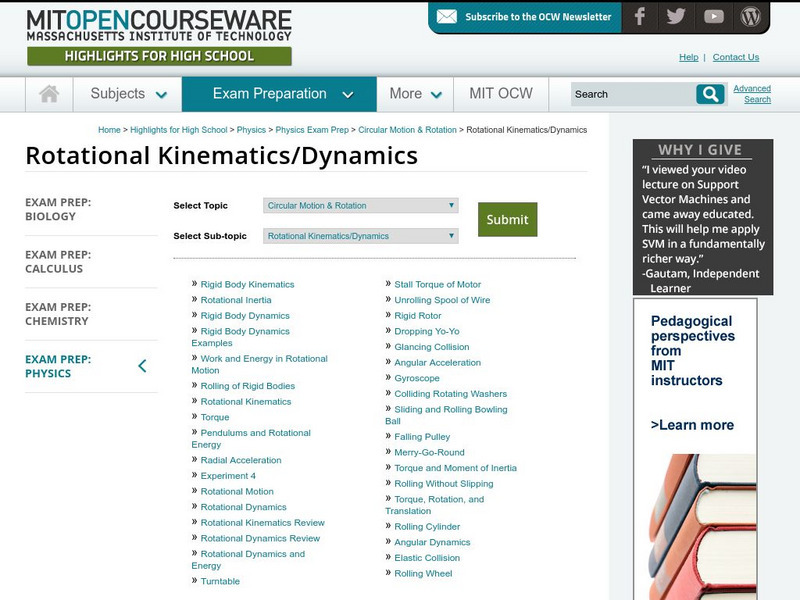 Mit: Open Course Ware: Rotational Kinematics and Dynamics Website Mit: Open Course Ware: Rotational Kinematics and Dynamics Website