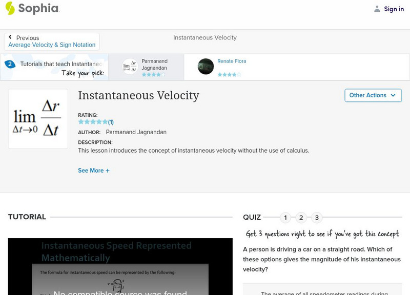 Sophia: Instantaneous Velocity: Lesson 1 Unit Plan Sophia: Instantaneous Velocity: Lesson 1 Unit Plan
