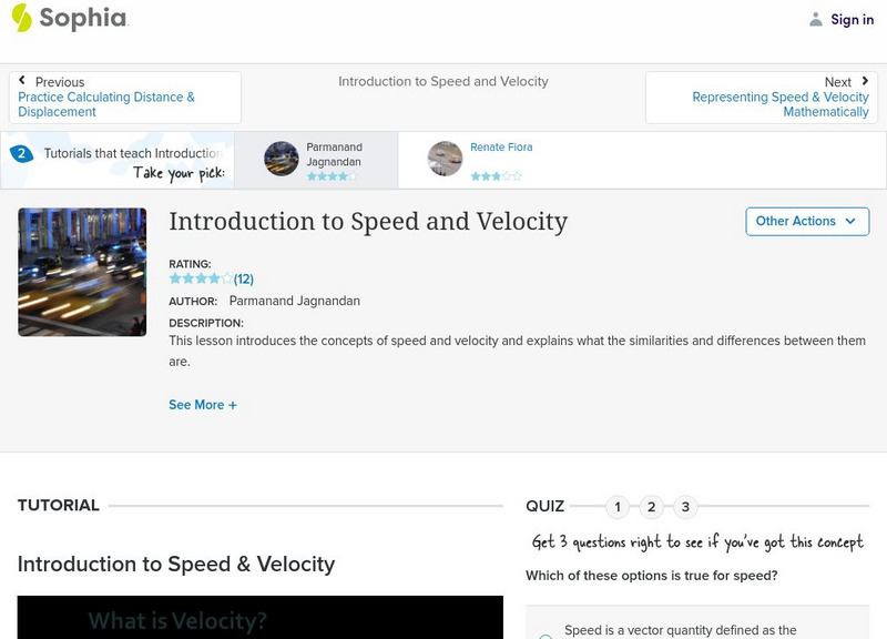 Sophia: Introduction to Speed and Velocity: Lesson 1 Unit Plan Sophia: Introduction to Speed and Velocity: Lesson 1 Unit Plan