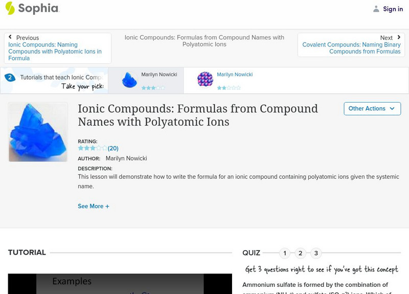 Sophia: Ionic Compounds: Formulas From Compound Names With Polyatomic Ions Unit Plan Sophia: Ionic Compounds: Formulas From Compound Names With Polyatomic Ions Unit Plan