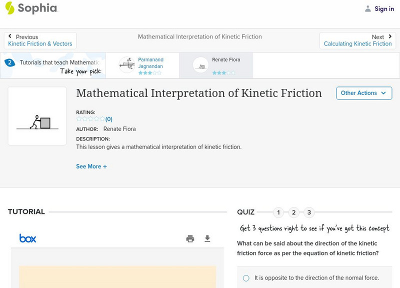 Sophia: Mathematical Interpretation of Kinetic Friction: Lesson 2 PPT Sophia: Mathematical Interpretation of Kinetic Friction: Lesson 2 PPT