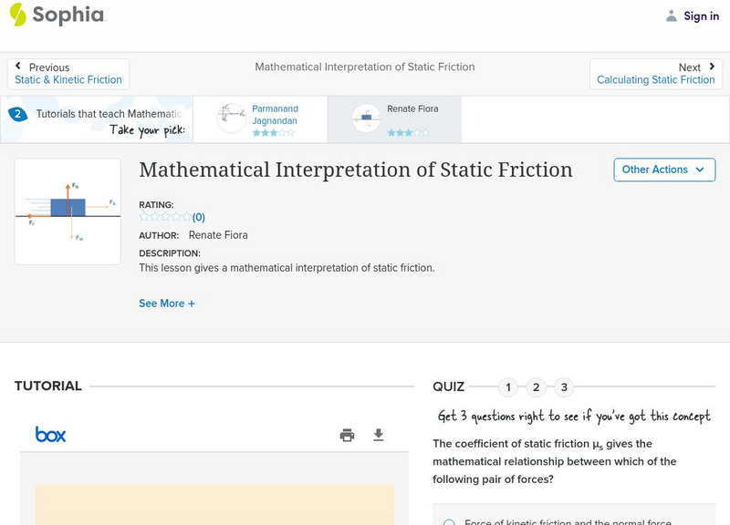 Sophia: Mathematical Interpretation of Static Friction: Lesson 2 PPT Sophia: Mathematical Interpretation of Static Friction: Lesson 2 PPT