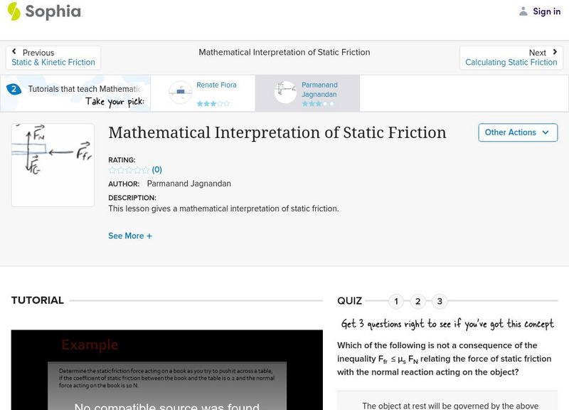 Sophia: Mathematical Interpretation of Static Friction: Lesson 1 Instructional Video