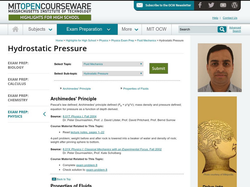 Mit: Open Course Ware: Hydrostatic Pressure Unit Plan Mit: Open Course Ware: Hydrostatic Pressure Unit Plan