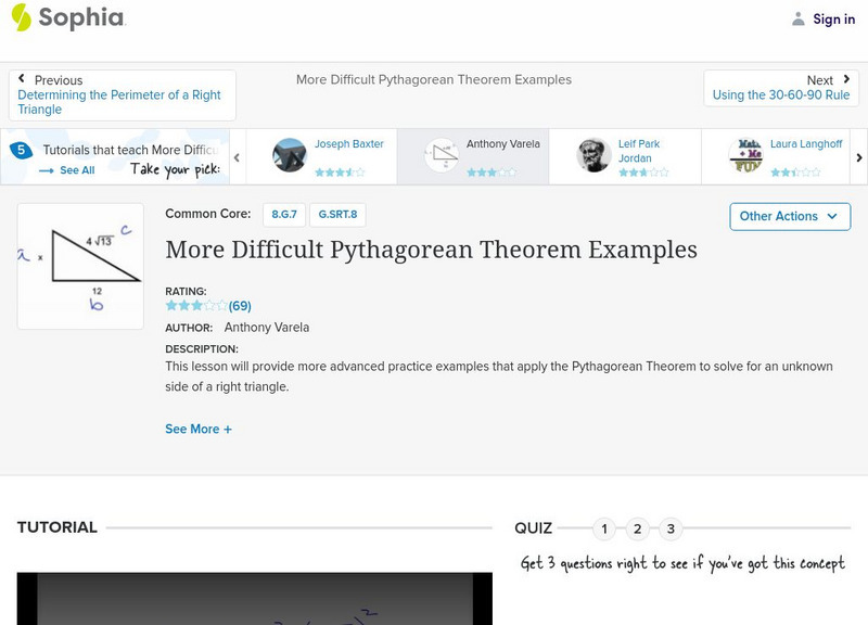 Sophia: More Difficult Pythagorean Theorem Examples: Lesson 5 Instructional Video