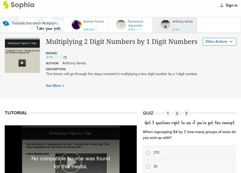 Sophia: Multiplying 2 Digit Numbers by 1 Digit Numbers: Lesson 3 Instructional Video Sophia: Multiplying 2 Digit Numbers by 1 Digit Numbers: Lesson 3 Instructional Video