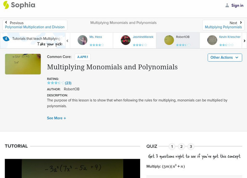 Sophia: Multiplying Monomials and Polynomials: Lesson 5 Instructional Video