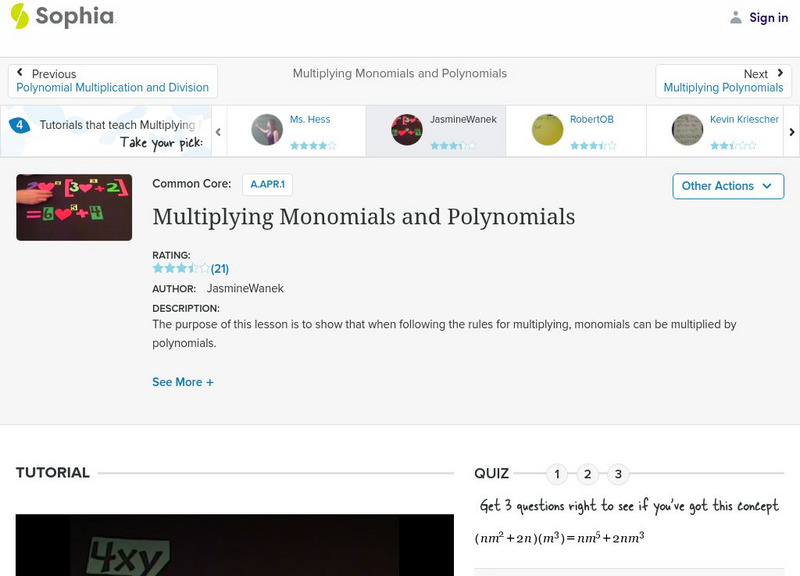 Sophia: Multiplying Monomials and Polynomials: Lesson 7 Instructional Video