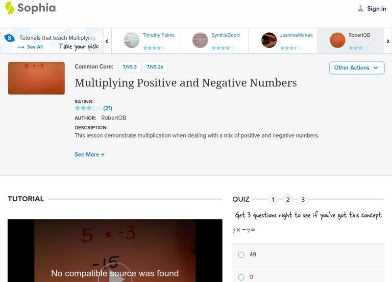 Sophia: Multiplying Positive and Negative Numbers: Lesson 13 Instructional Video Sophia: Multiplying Positive and Negative Numbers: Lesson 13 Instructional Video