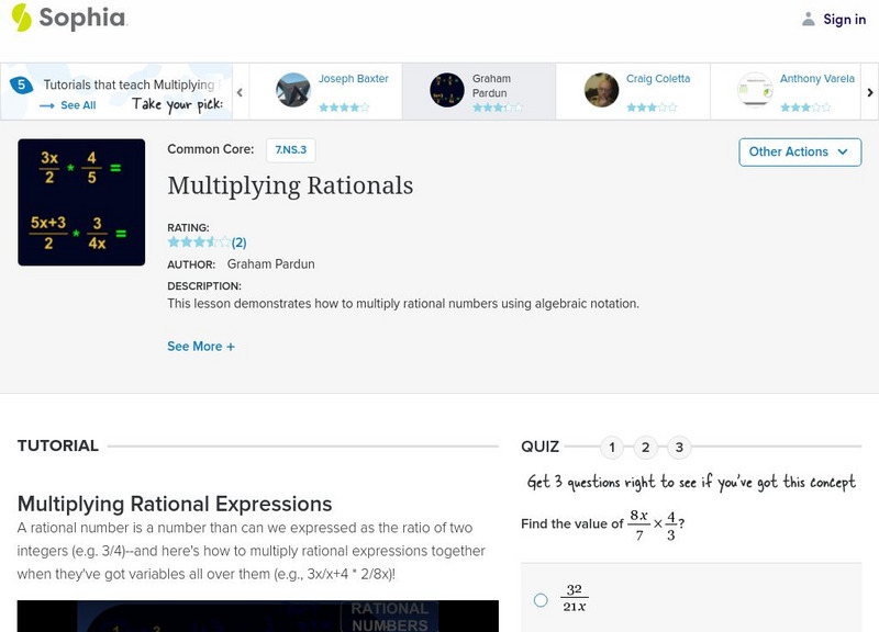 Sophia: Multiplying Rationals: Lesson 5 Instructional Video Sophia: Multiplying Rationals: Lesson 5 Instructional Video