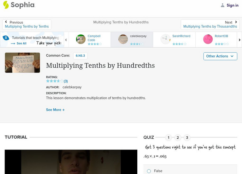 Sophia: Multiplying Tenths by Hundredths: Lesson 9 Instructional Video Sophia: Multiplying Tenths by Hundredths: Lesson 9 Instructional Video