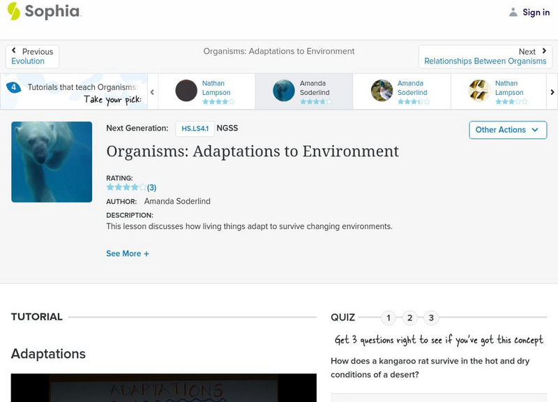 Sophia: Organisms: Adaptations to Environment: Lesson 2 Instructional Video Sophia: Organisms: Adaptations to Environment: Lesson 2 Instructional Video