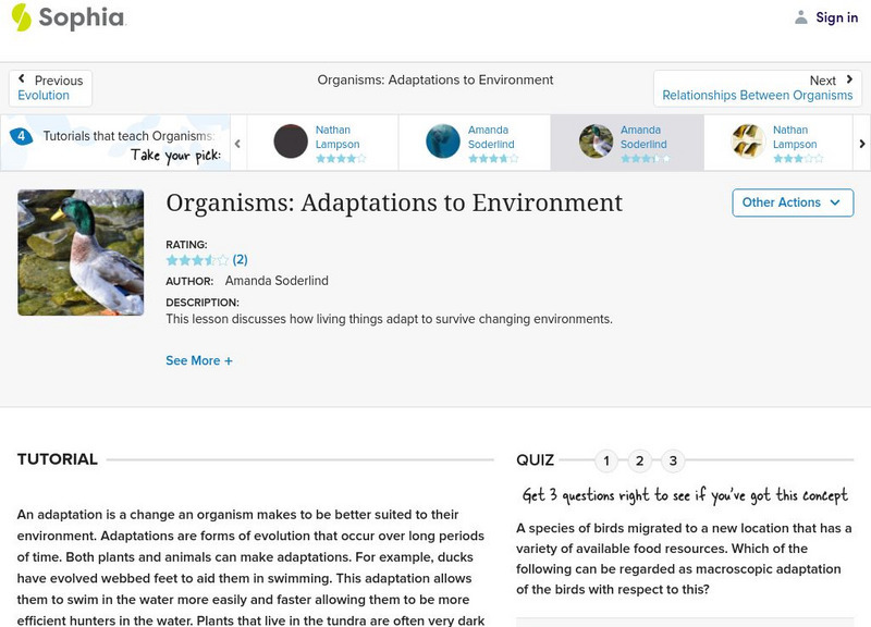 Sophia: Organisms: Adaptations to Environment: Lesson 4 Unit Plan Sophia: Organisms: Adaptations to Environment: Lesson 4 Unit Plan