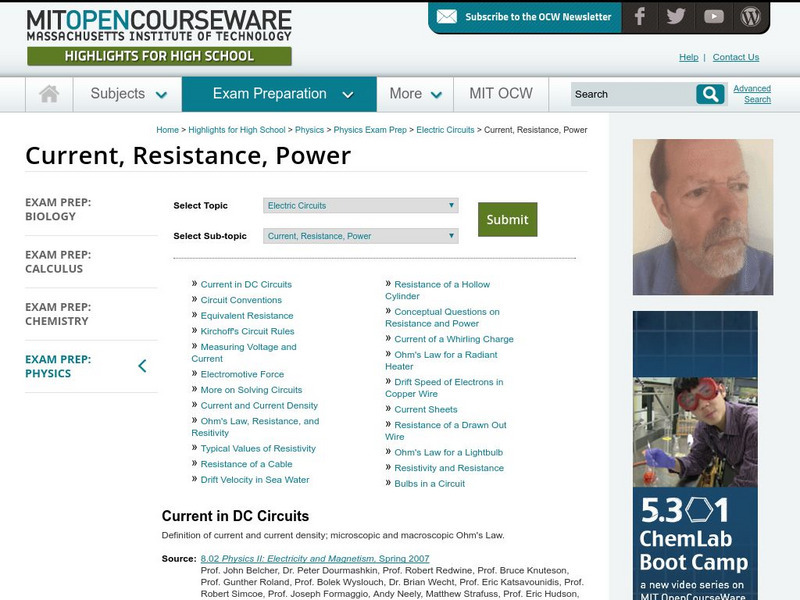 Mit: Open Course Ware: Current, Resistance, and Power Unit Plan Mit: Open Course Ware: Current, Resistance, and Power Unit Plan