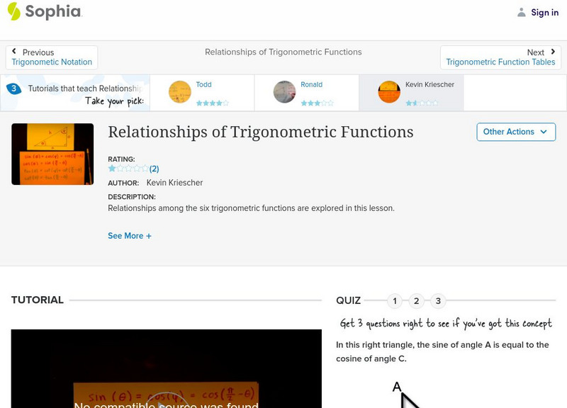 Sophia: Relationships of Trigonometric Functions: Lesson 1 Instructional Video