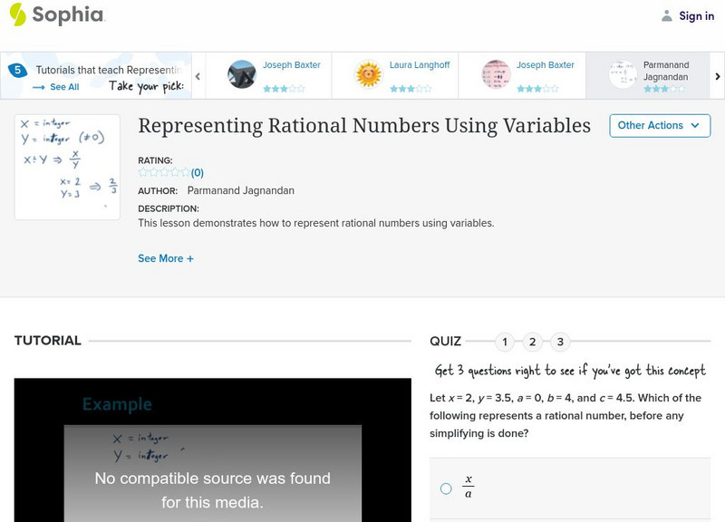 Sophia: Representing Rational Numbers Using Variables: Lesson 9 Instructional Video Sophia: Representing Rational Numbers Using Variables: Lesson 9 Instructional Video