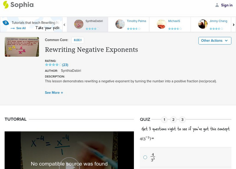 Sophia: Rewriting Negative Exponents: Lesson 11 Instructional Video Sophia: Rewriting Negative Exponents: Lesson 11 Instructional Video