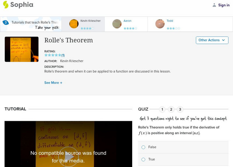 Sophia: Rolle's Theorem: Lesson 3 Instructional Video