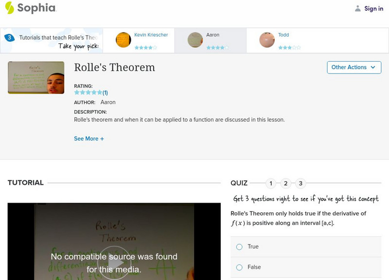Sophia: Rolle's Theorem: Lesson 5 Instructional Video