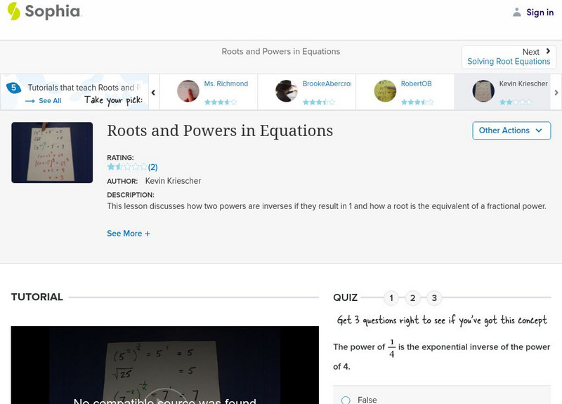 Sophia: Roots and Powers in Equations: Lesson 2 Instructional Video