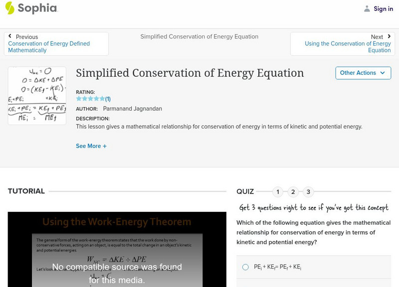 Sophia: Simplified Conservation of Energy Equation Instructional Video Sophia: Simplified Conservation of Energy Equation Instructional Video