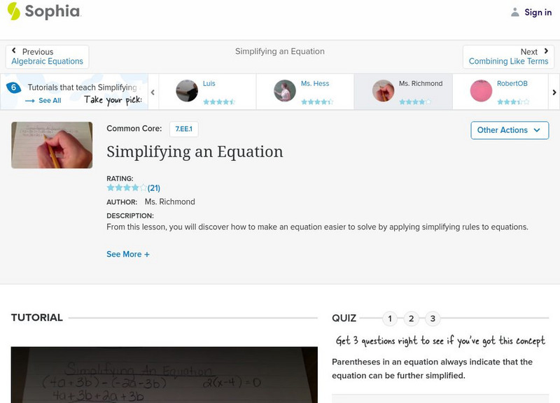 Sophia: Simplifying an Equation: Lesson 5 Instructional Video Sophia: Simplifying an Equation: Lesson 5 Instructional Video