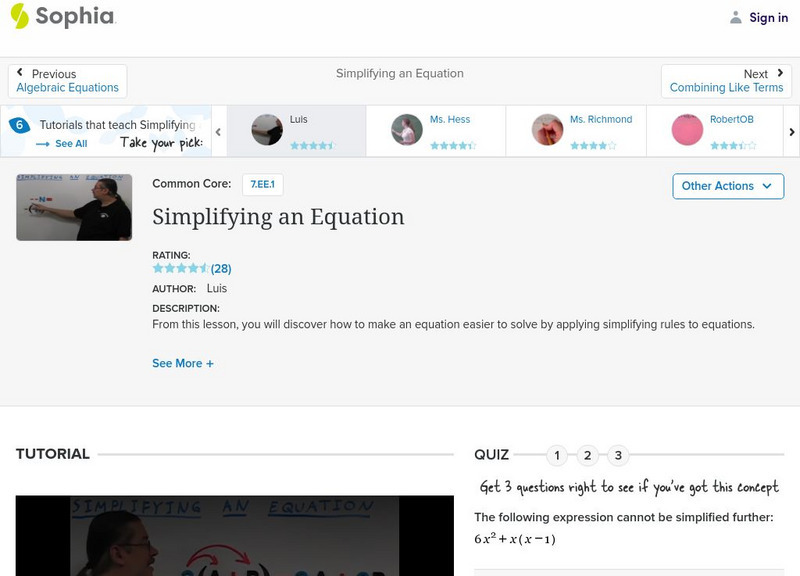 Sophia: Simplifying an Equation: Lesson 7 Instructional Video Sophia: Simplifying an Equation: Lesson 7 Instructional Video