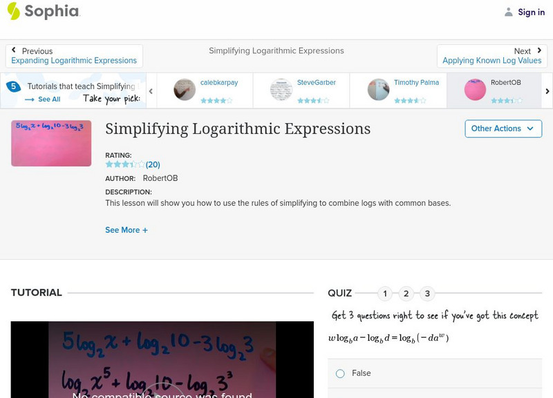 Sophia: Simplifying Logarithmic Expressions: Lesson 6 Instructional Video
