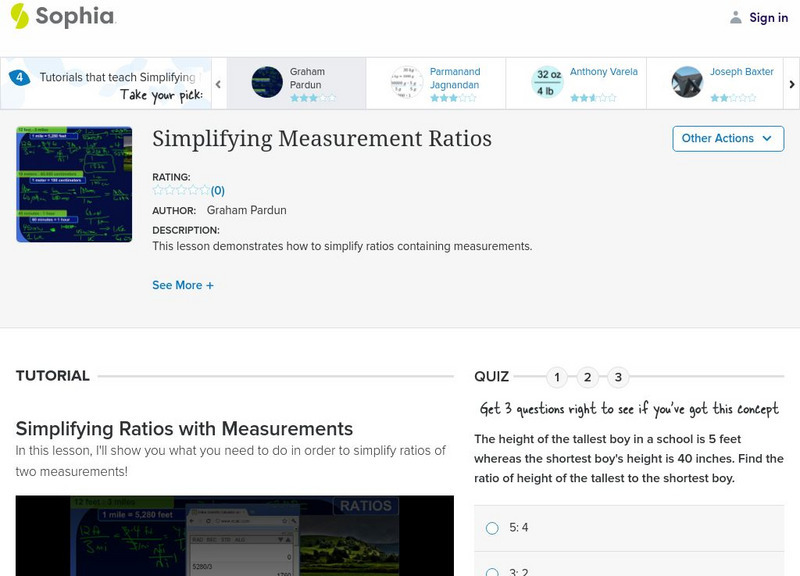Sophia: Simplifying Measurement Ratios: Lesson 2 Instructional Video Sophia: Simplifying Measurement Ratios: Lesson 2 Instructional Video